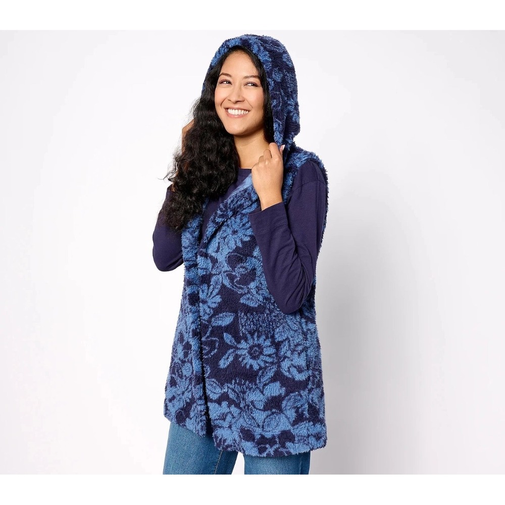 Koolaburra by UGG Women's Hooded Vest Blue Floral Pockets Hoodie Sz Small - Picture 1 of 8